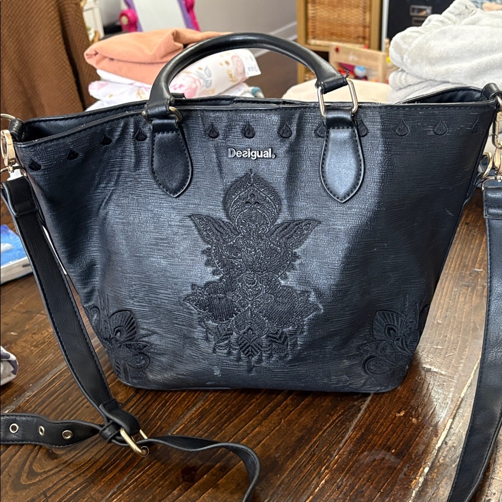 Desigual Black Embroidered Shoulder Tote